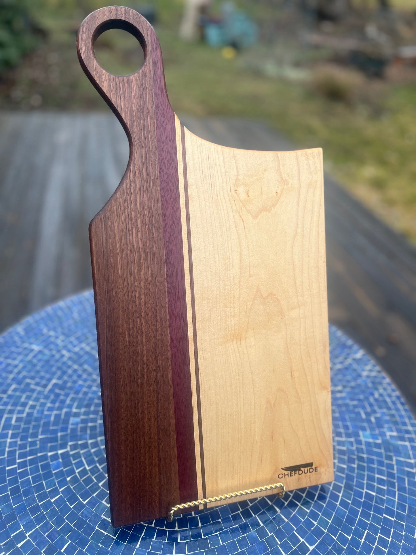Composition 239: Walnut, Padauk and Maple with Offset Handle - Chefdude Boards