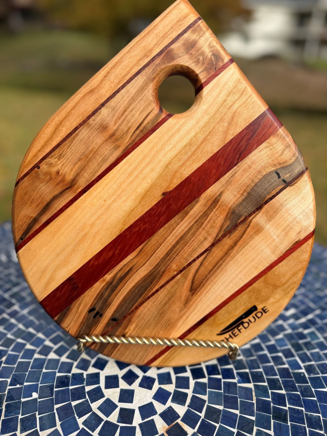 Composition 526 – Ambrosia Maple, Padauk and Lacewood Teardrop Kitchen Board - Chefdude Boards