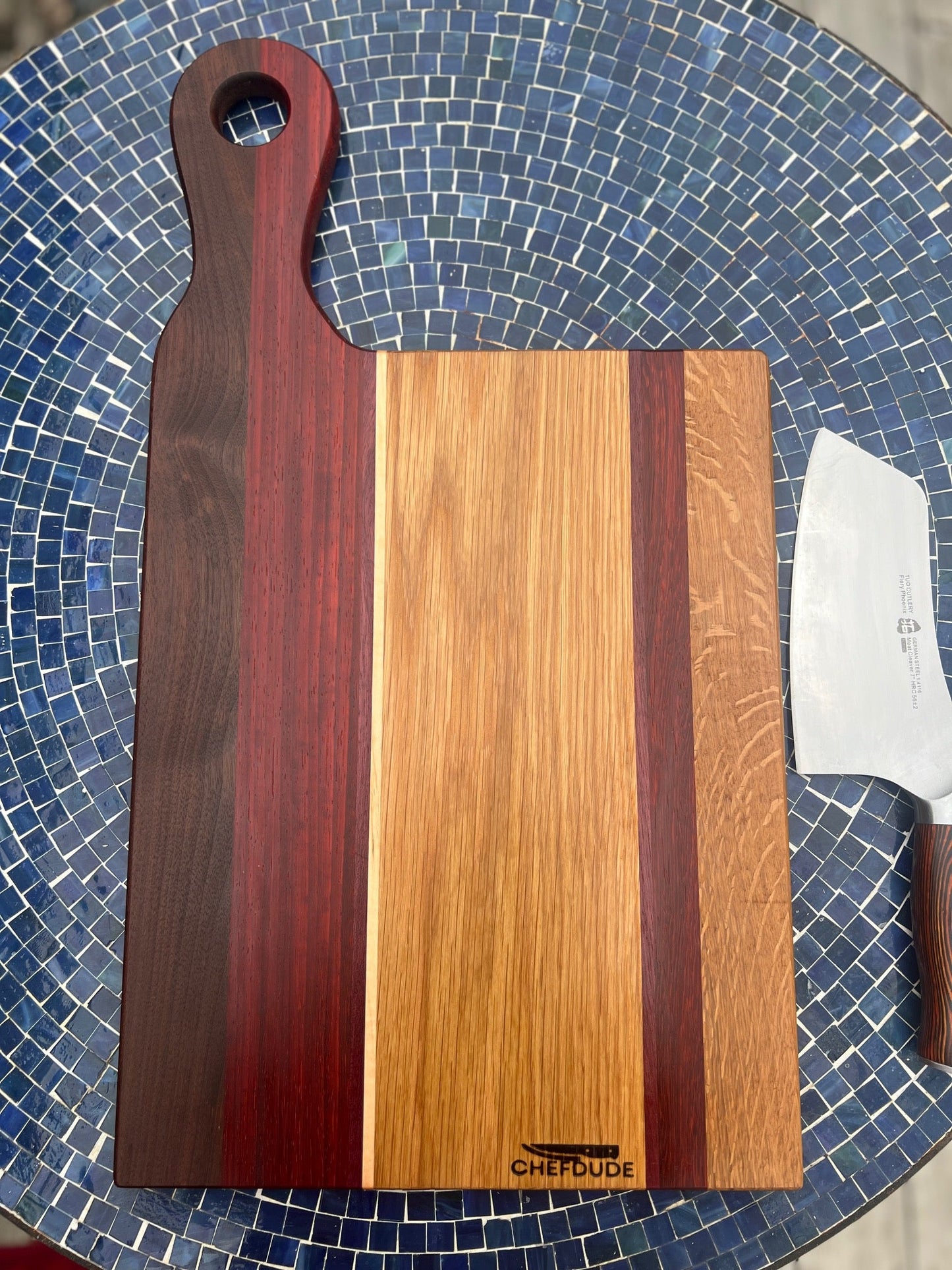 Large Tropical Walnut Cutting Board | Maple, Padauk & Oak | Offset Handle | Handmade by Chef - Turned Woodworker - Chefdude Boards