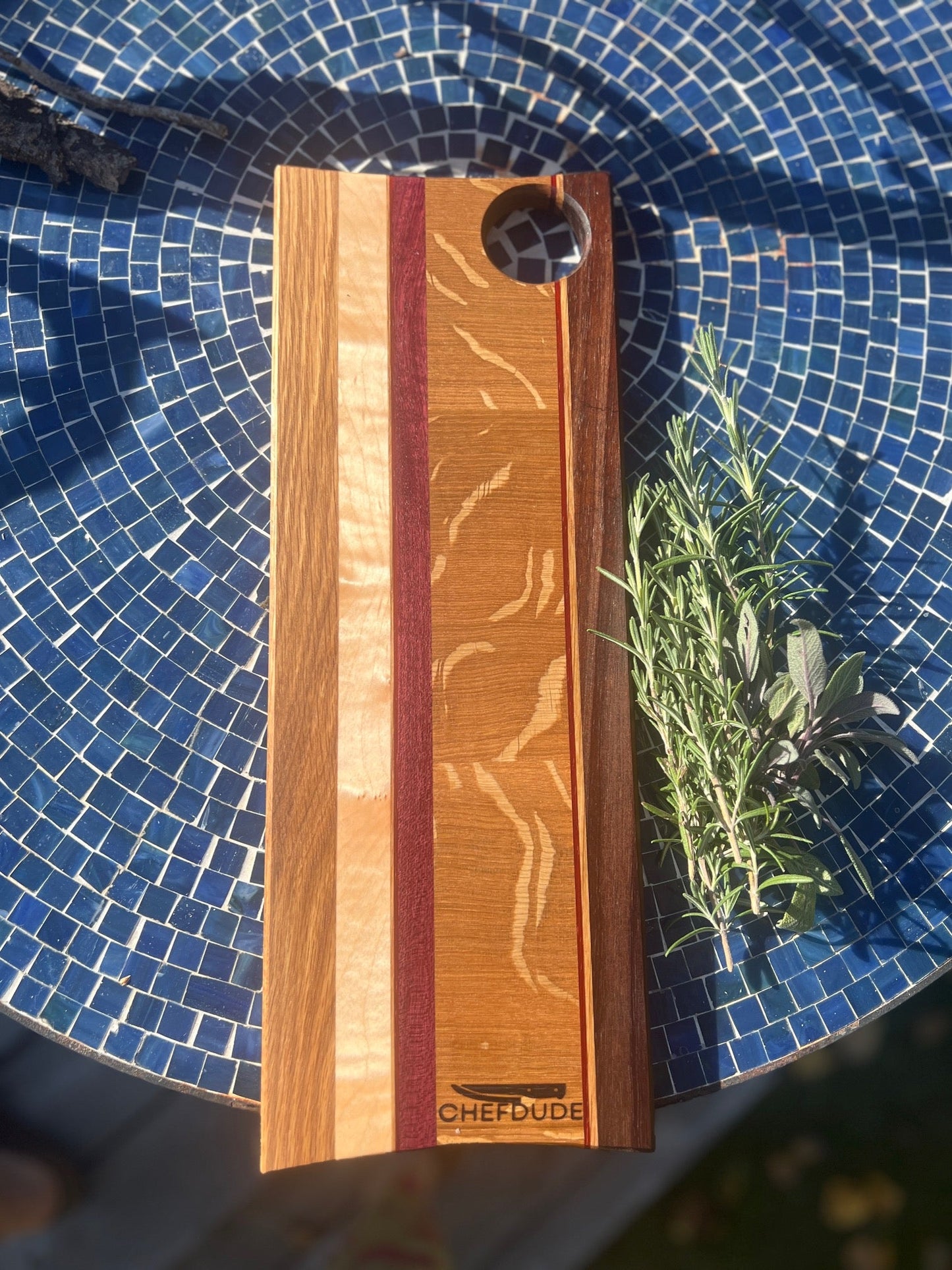 Long Multi - Wood Cutting Board - handcrafted of white oak, maple and purple heart - Chefdude Boards