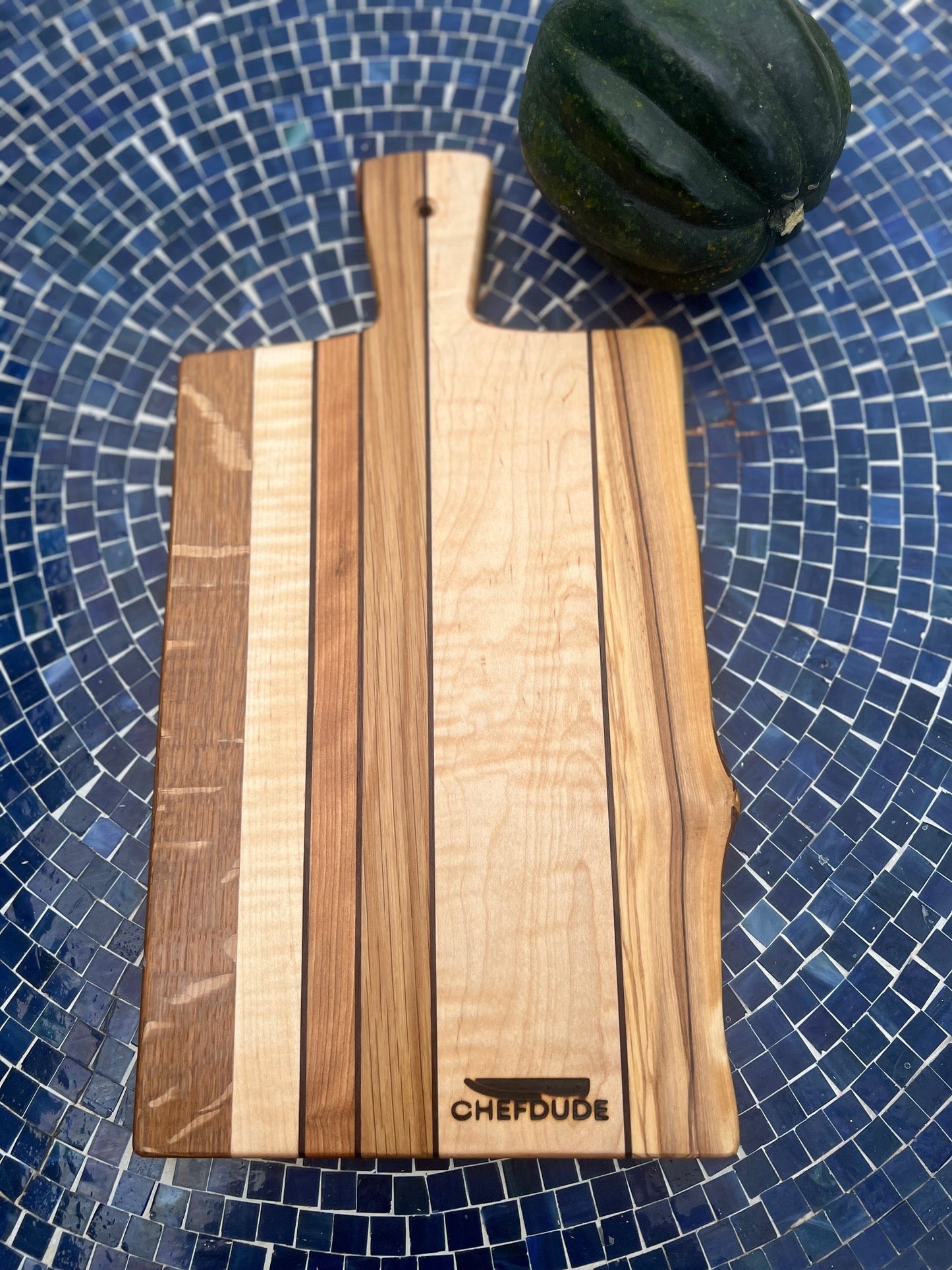 Striped Walnut, Cherry, White Oak, Maple & Olive with Live Edge - Chefdude Boards