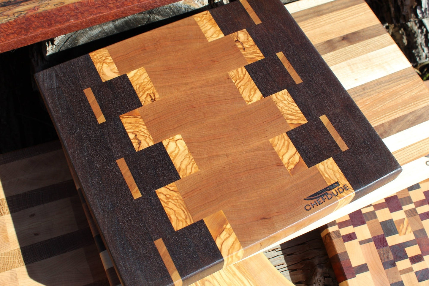 Tropical Walnut & Cherry with Elegant Olive Wood Accents End - Cut Cutting Board - Chefdude Boards