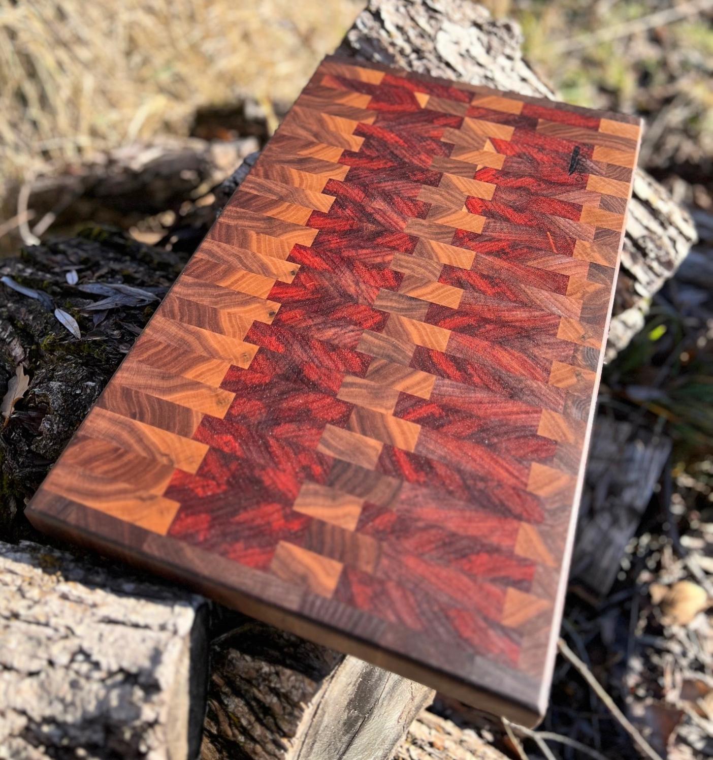 Handcrafted End-Cut Board of Figured Walnut and Padauk