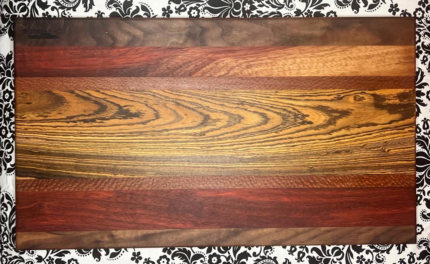 Exquisite Tri-Color Edge-Grain Board - Padauk, Bocote, & Lacewood