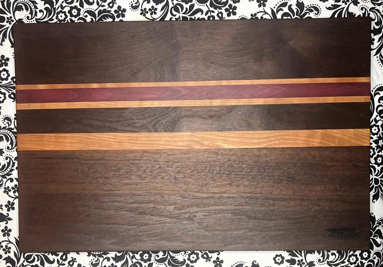 Elegant Tri-Wood Serving Board -- Tropical Walnut, Cherry & Purple Heart