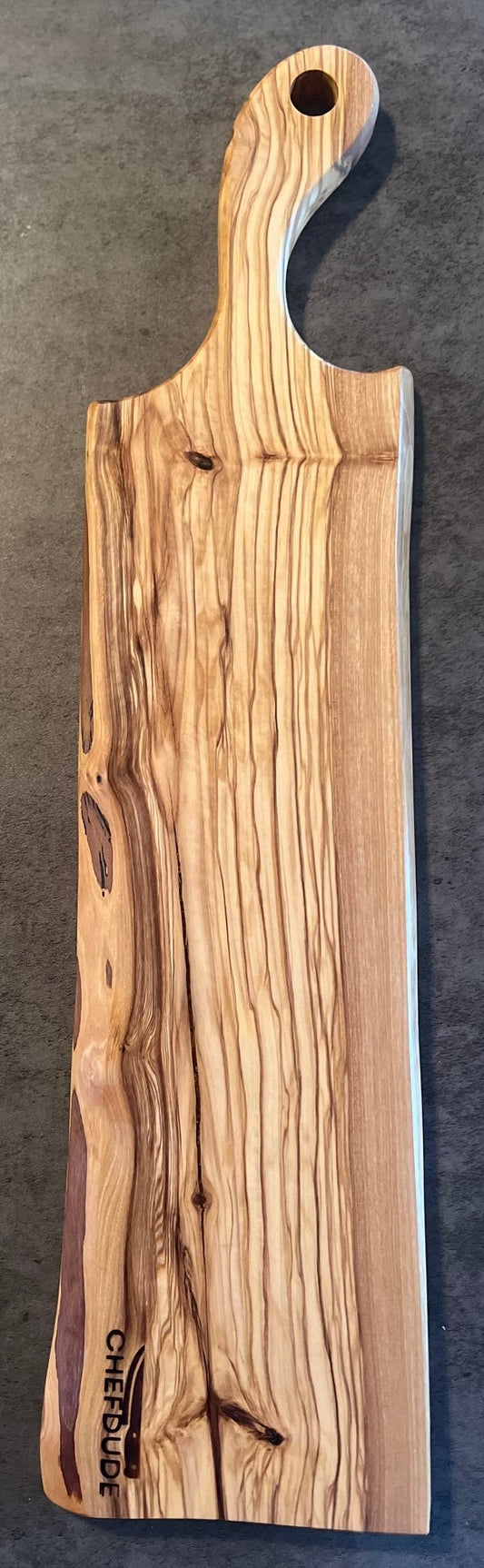 Long Live-Edge Olive Wood Cutting Board with Handle