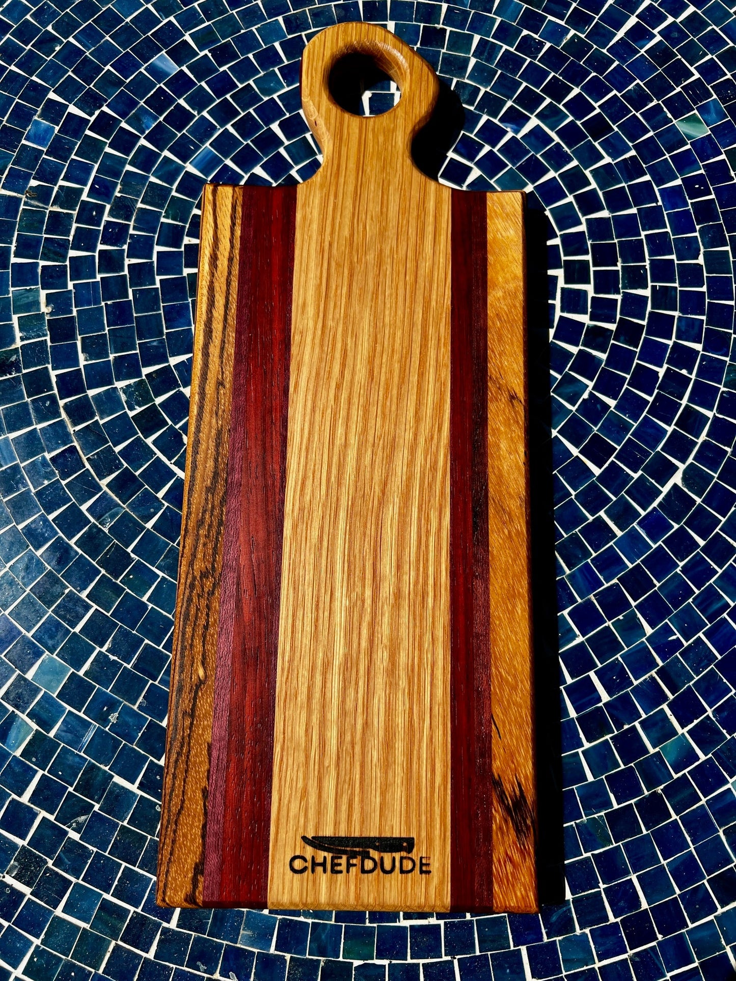 Compact Travel Cutting Board – Handmade White Oak, Purple Heart, Padauk & Zebrawood Serving Board - Chefdude Boards
