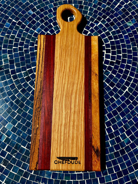 Compact Travel Cutting Board – Handmade White Oak, Purple Heart, Padauk & Zebrawood Serving Board - Chefdude Boards