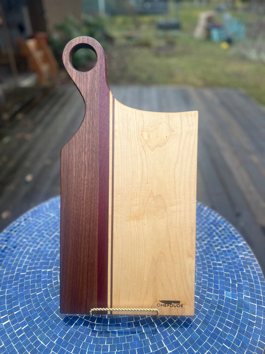 Composition 239: Walnut, Padauk and Maple with Offset Handle - Chefdude Boards