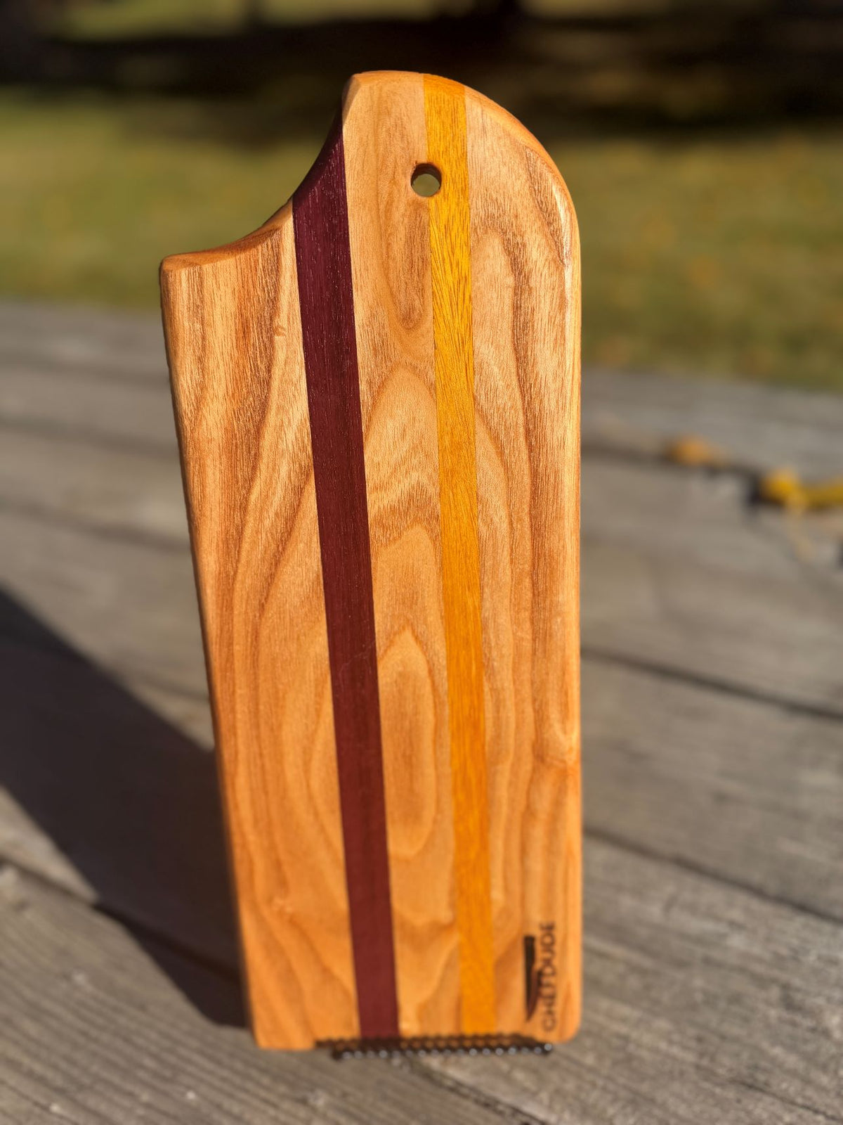 Composition 516 – Coffee Tree, Purple Heart and Osage Orange Kitchen Board - Chefdude Boards