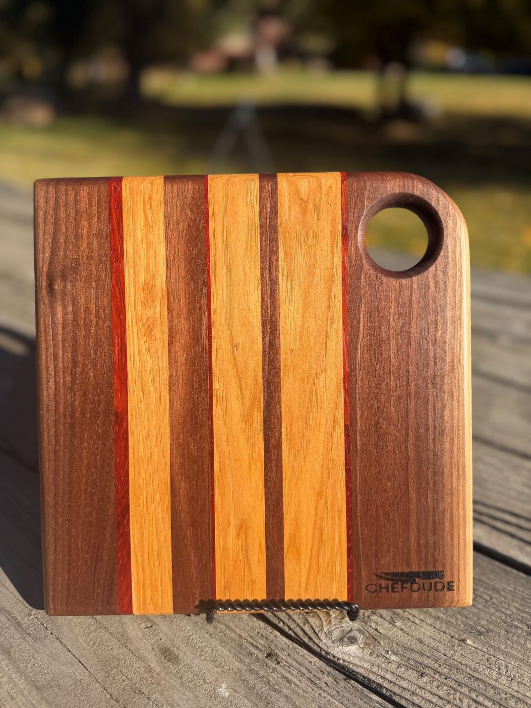 Composition 519 – Walnut, Padauk and Hickory Square Kitchen Board - Chefdude Boards
