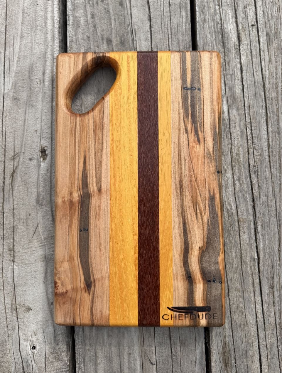 Composition 524 – Ambrosia Maple, Lacewood and Osage Orange Kitchen Board - Chefdude Boards