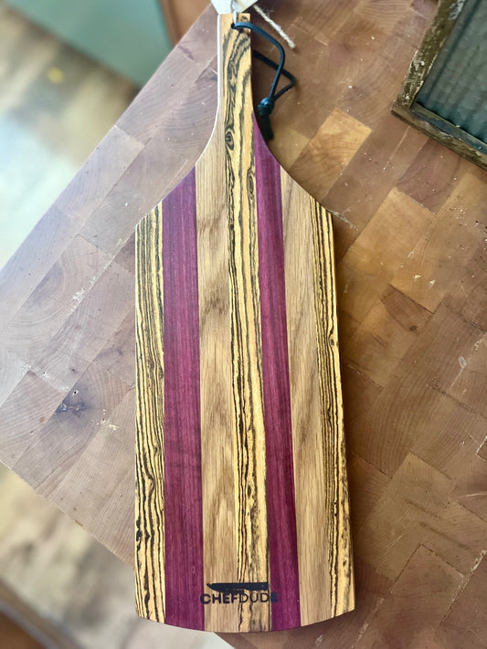 Handcrafted 6" x 18" Cutting Board – Bocote, Purple Heart & White Oak with Built - In Handle - Chefdude Boards