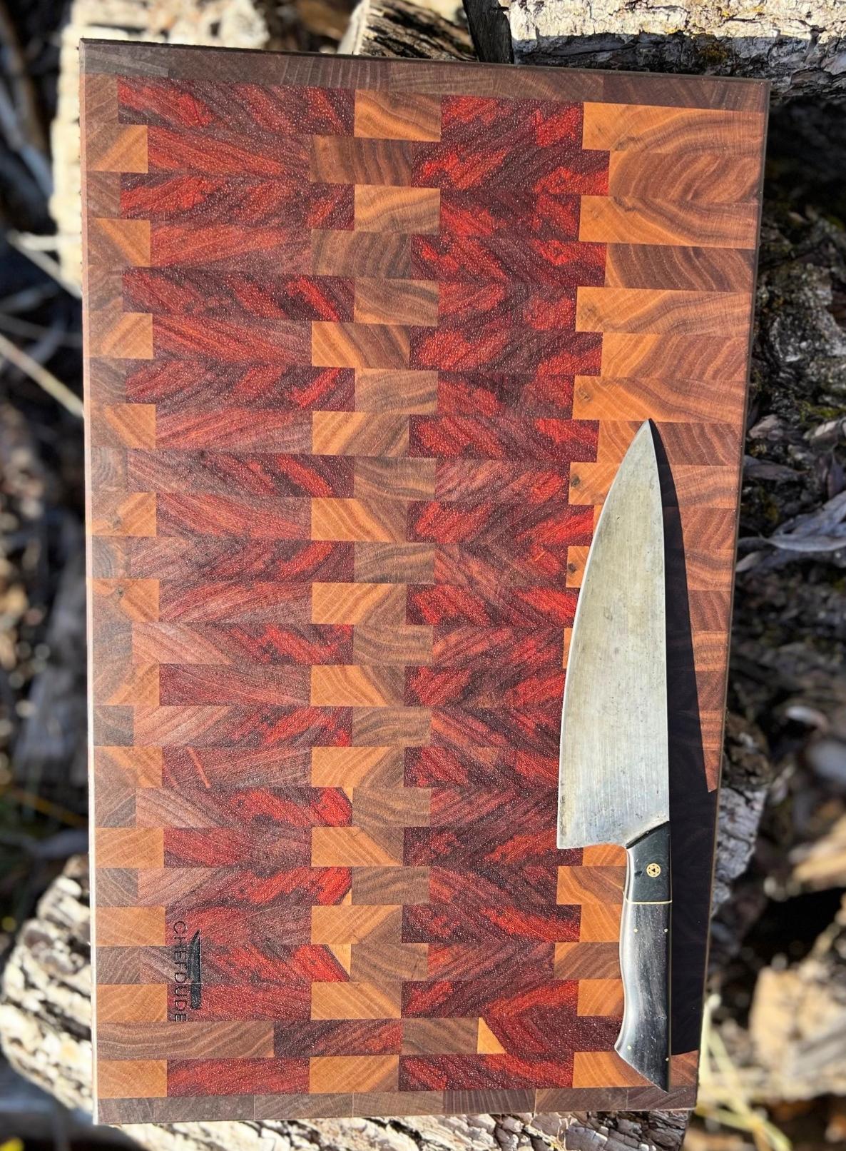 Handcrafted Cutting Board of Figured Walnut and Padauk - Chefdude Boards