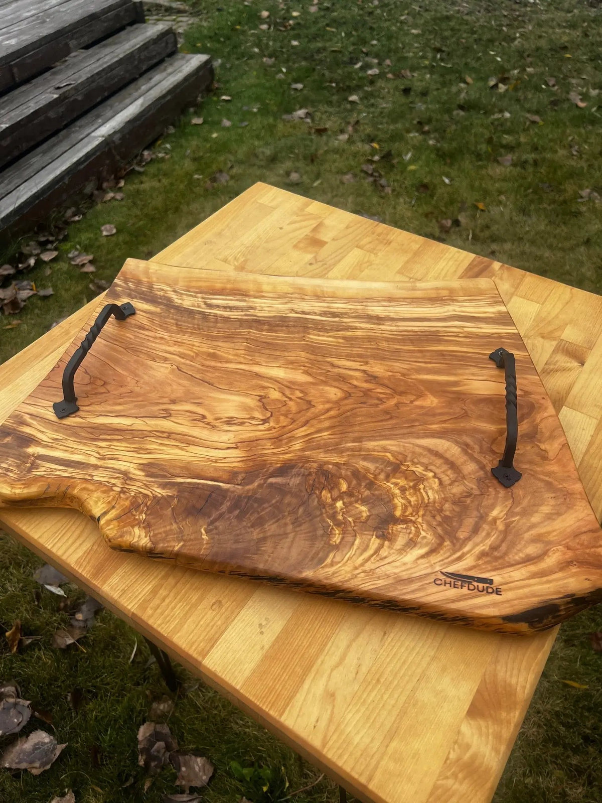 Large Olive Wood Charcuterie Board with Twisted Iron Handles - Chefdude Boards
