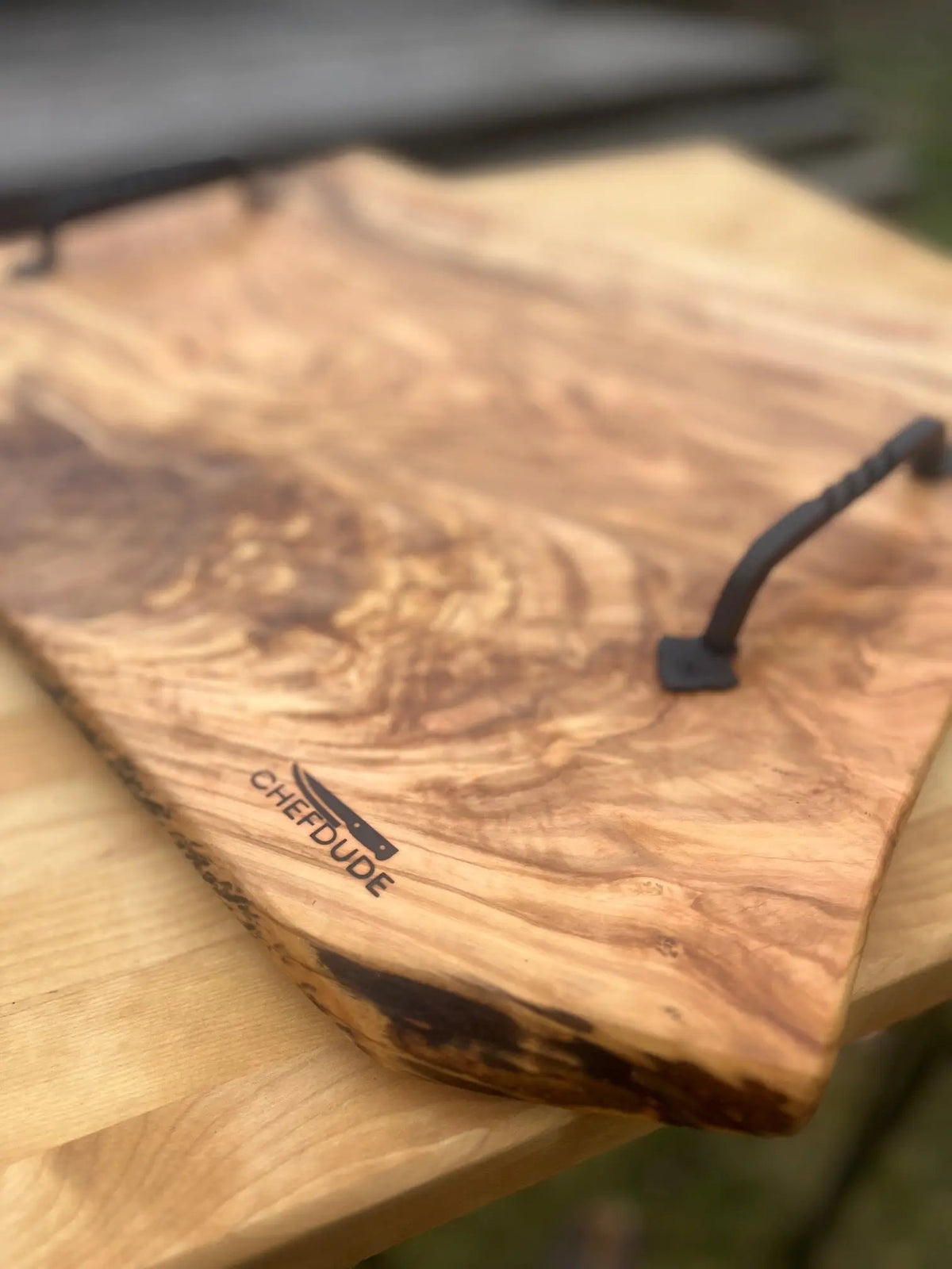 Large Olive Wood Charcuterie Board with Twisted Iron Handles - Chefdude Boards