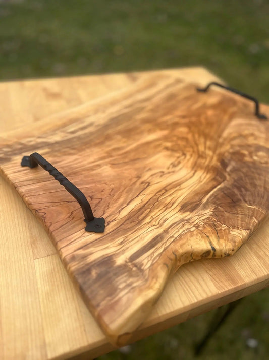 Large Olive Wood Charcuterie Board with Twisted Iron Handles - Chefdude Boards