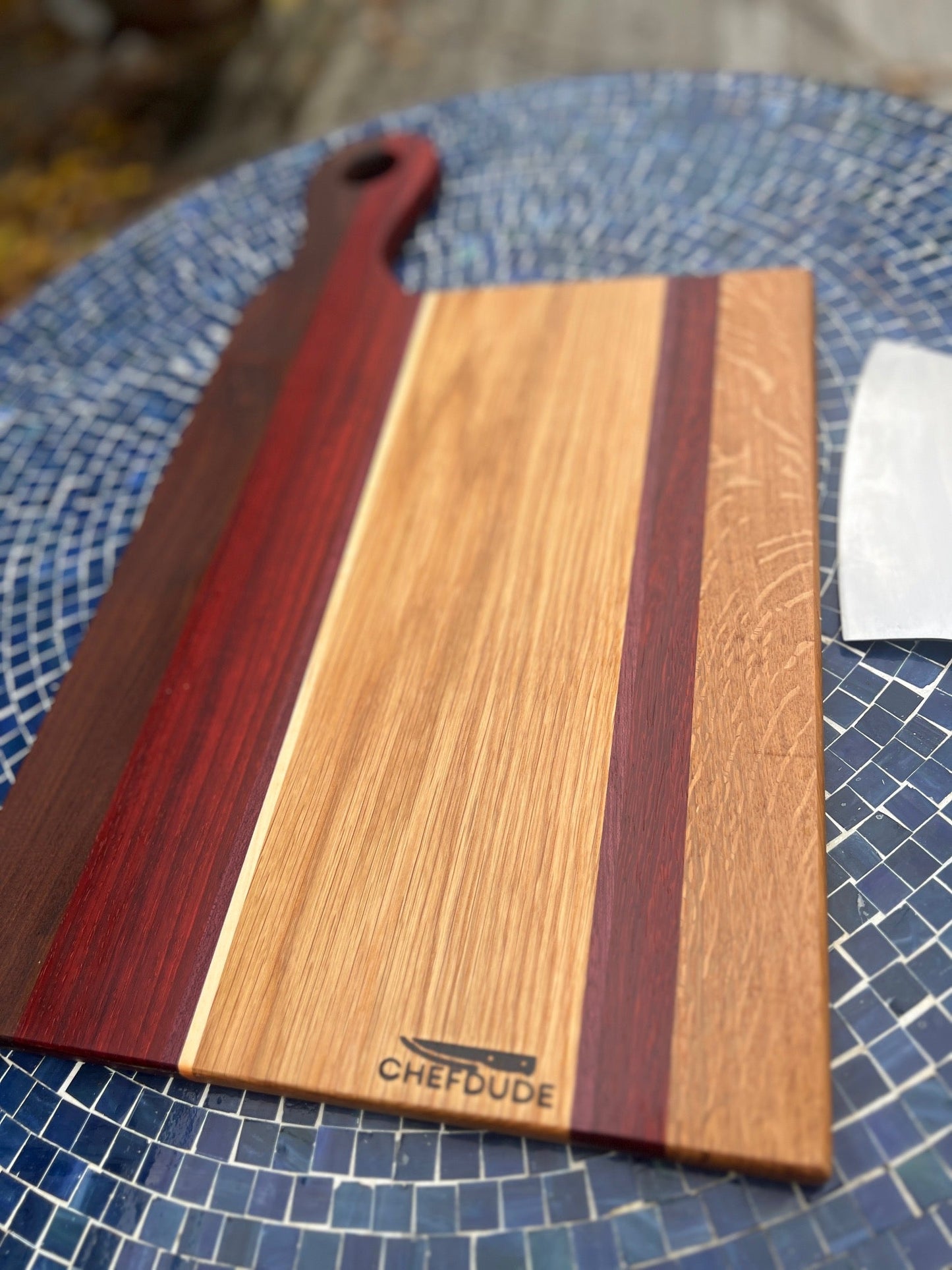 Large Tropical Walnut Cutting Board | Maple, Padauk & Oak | Offset Handle | Handmade by Chef - Turned Woodworker - Chefdude Boards