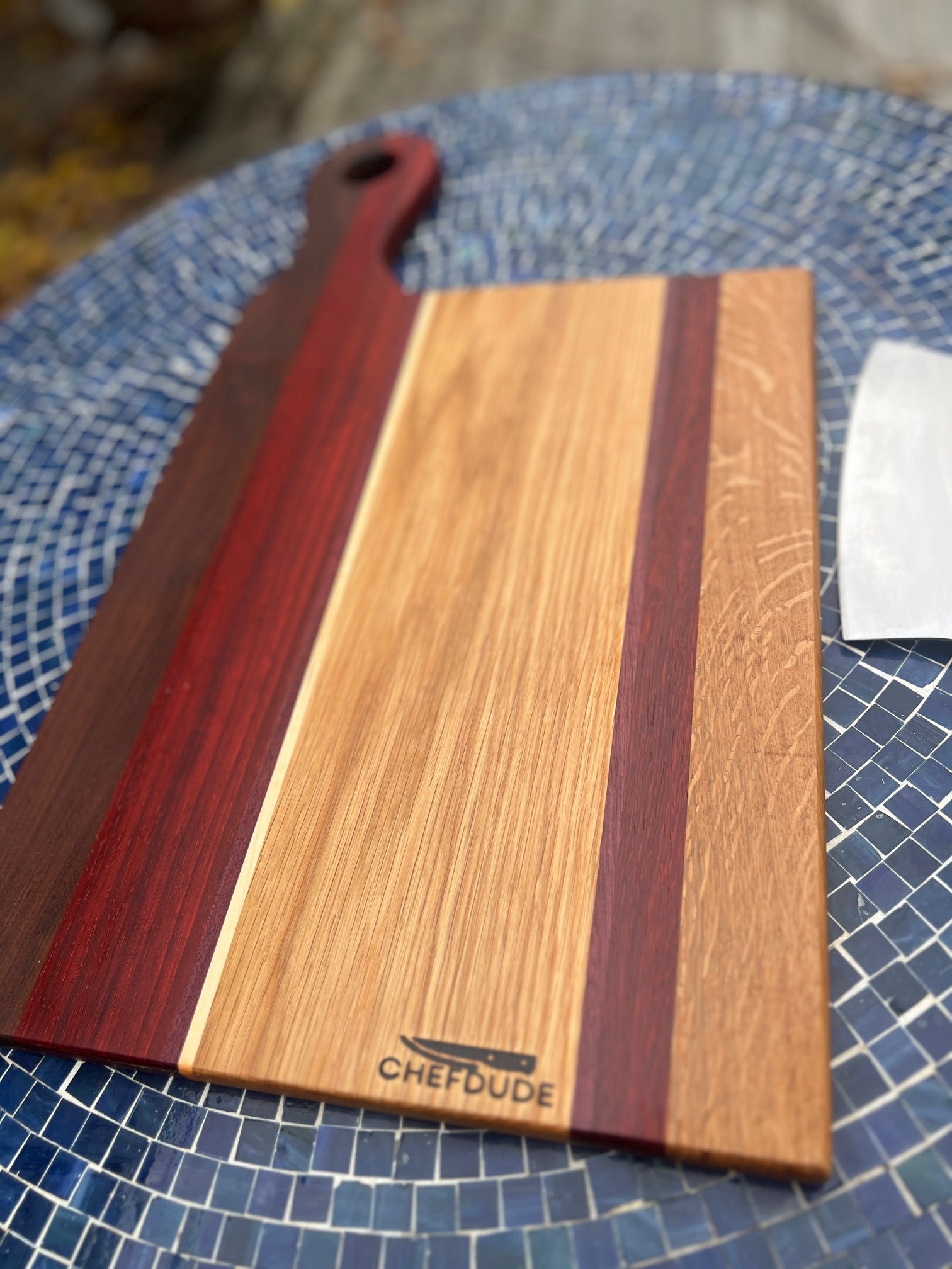 Large Tropical Walnut Cutting Board | Maple, Padauk & Oak | Offset Handle | Handmade by Chef - Turned Woodworker - Chefdude Boards