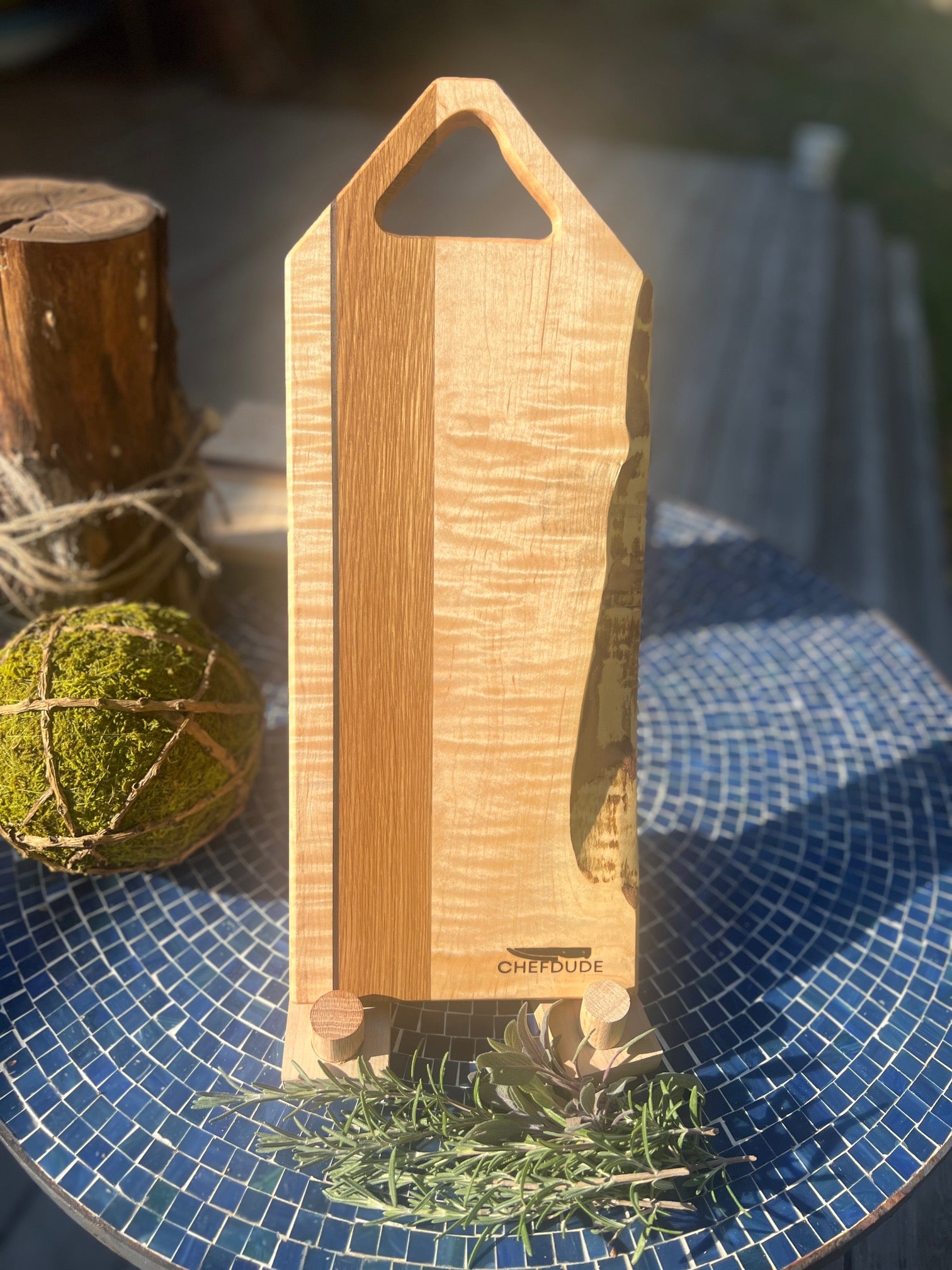 Live - edge Board with a Mix of Curly and Ambrosia Maple, White Oak & Purple Heart - Chefdude Boards