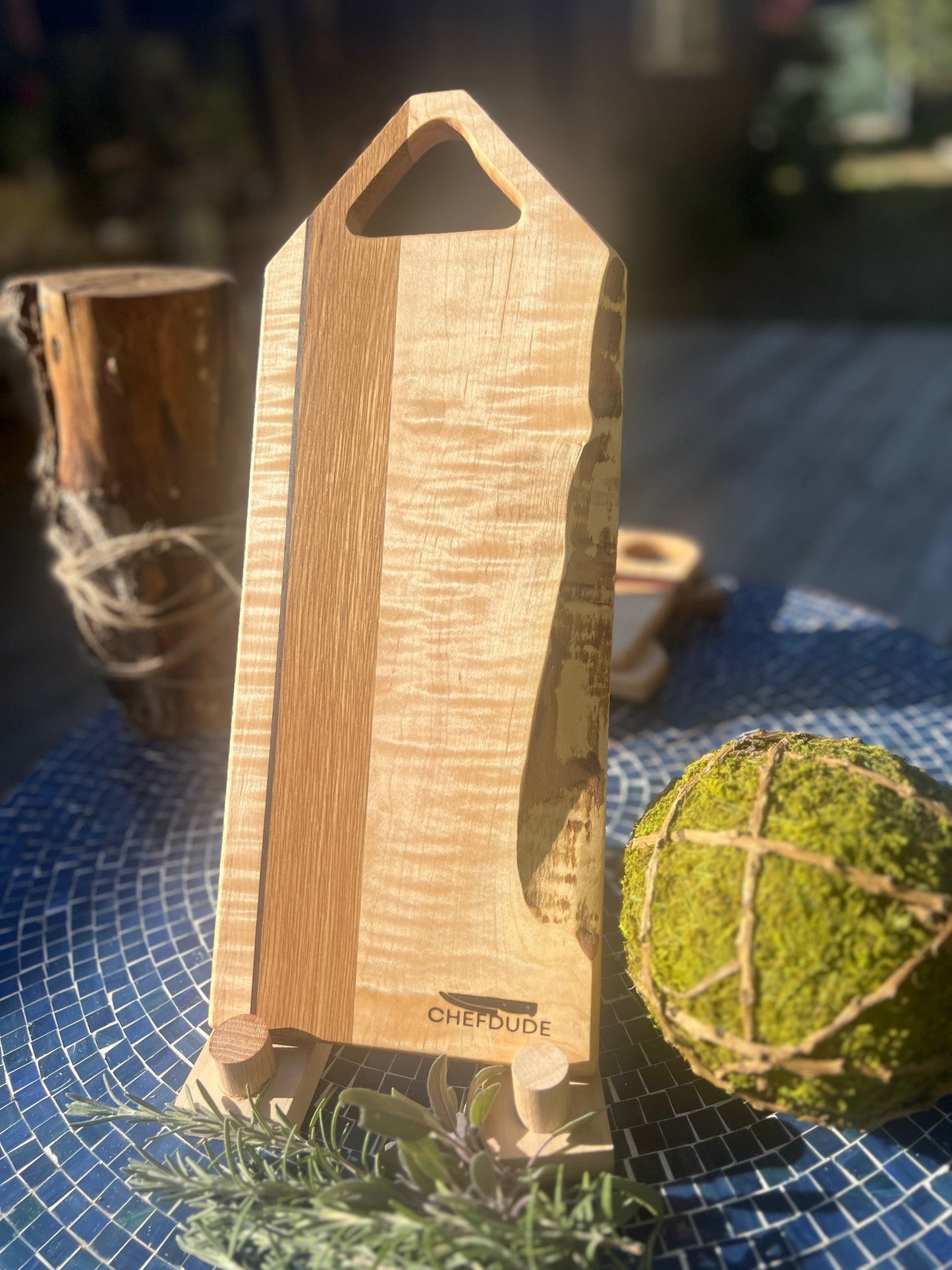 Live - edge Board with a Mix of Curly and Ambrosia Maple, White Oak & Purple Heart - Chefdude Boards