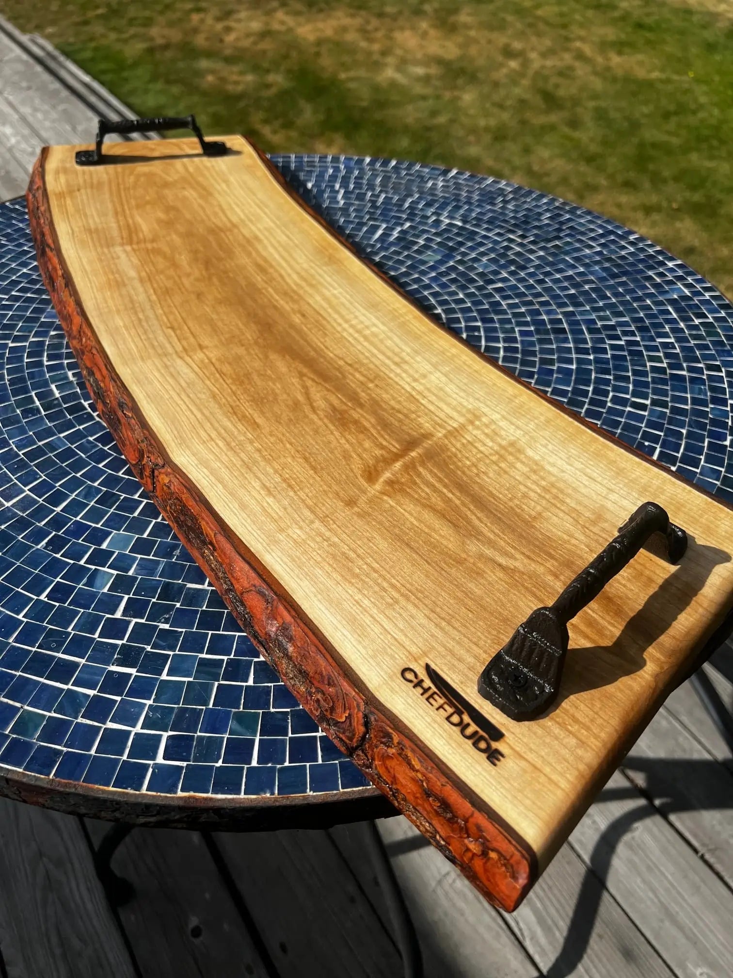 Live Edge Western Maple Serving Board with Cast Iron Handles - Chefdude Boards
