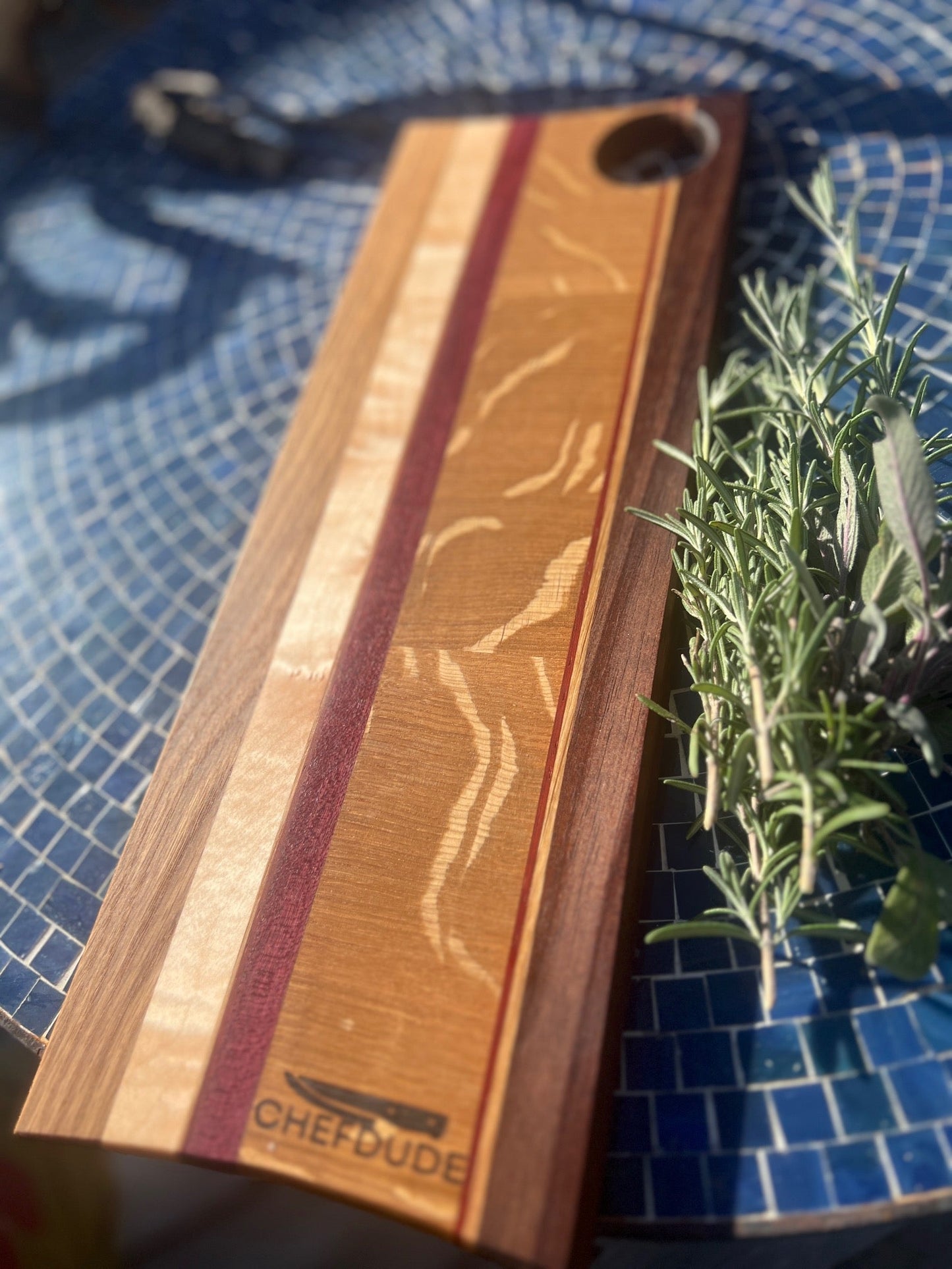 Long Multi - Wood Cutting Board - handcrafted of white oak, maple and purple heart - Chefdude Boards