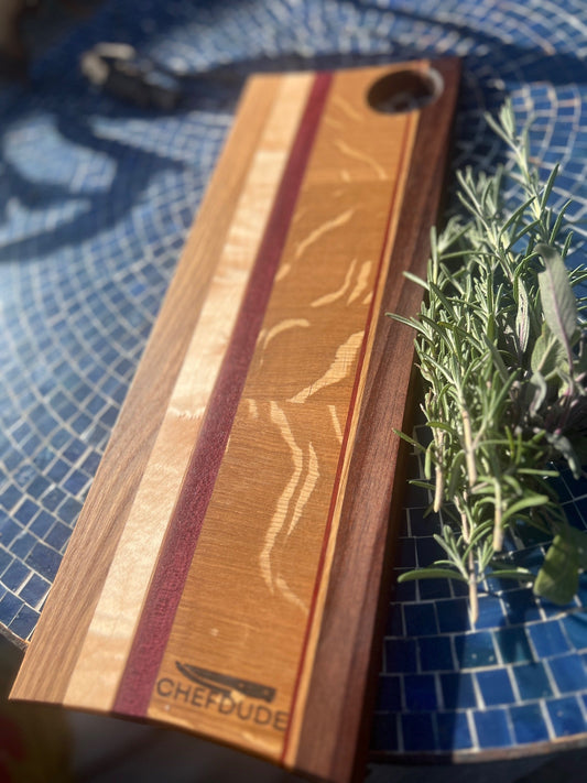 Long Multi - Wood Cutting Board - handcrafted of white oak, maple and purple heart - Chefdude Boards