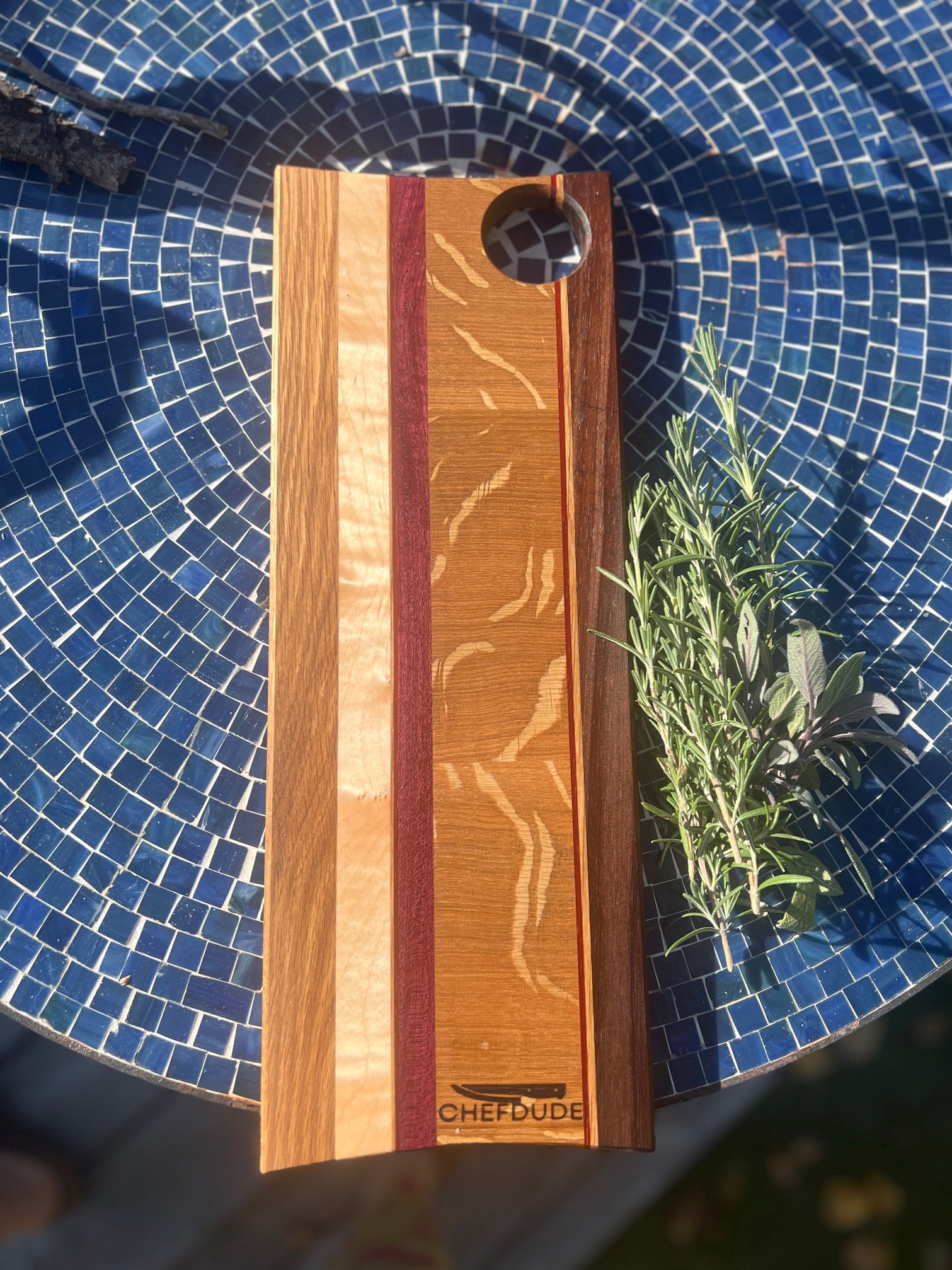 Long Multi - Wood Cutting Board - handcrafted of white oak, maple and purple heart - Chefdude Boards