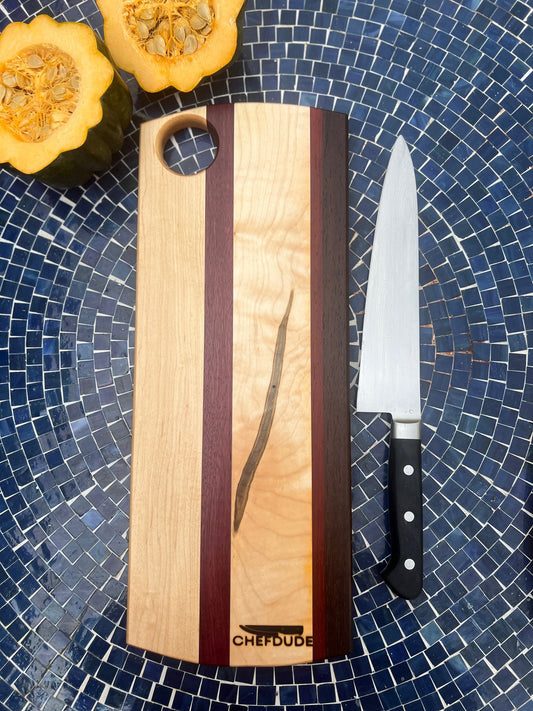 Long Walnut, Padauk & Ambrosia Maple Cutting Board | Handmade by Chef - Turned Woodworker - Chefdude Boards