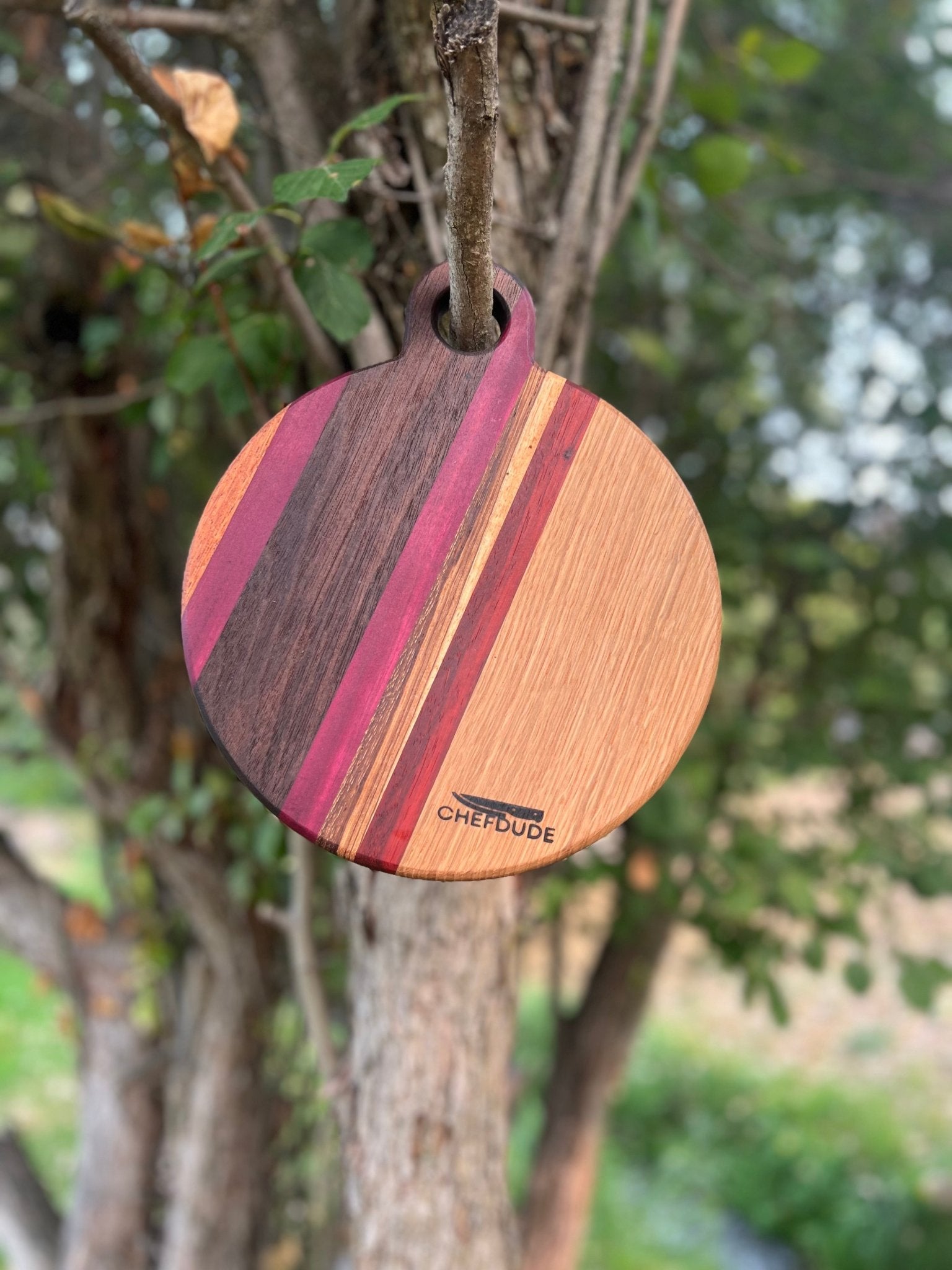 Mixed Hardwood Round Cutting Board - White Oak, Zebra, Purple Heart, Padauk & Walnut - Chefdude Boards