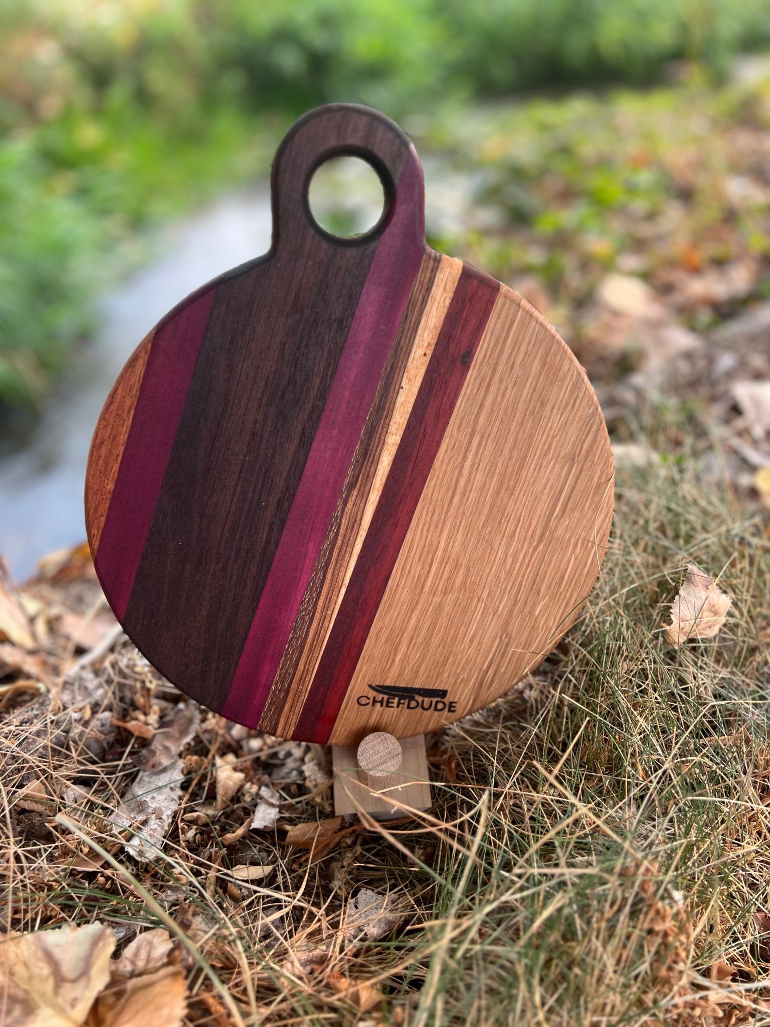 Mixed Hardwood Round Cutting Board - White Oak, Zebra, Purple Heart, Padauk & Walnut - Chefdude Boards