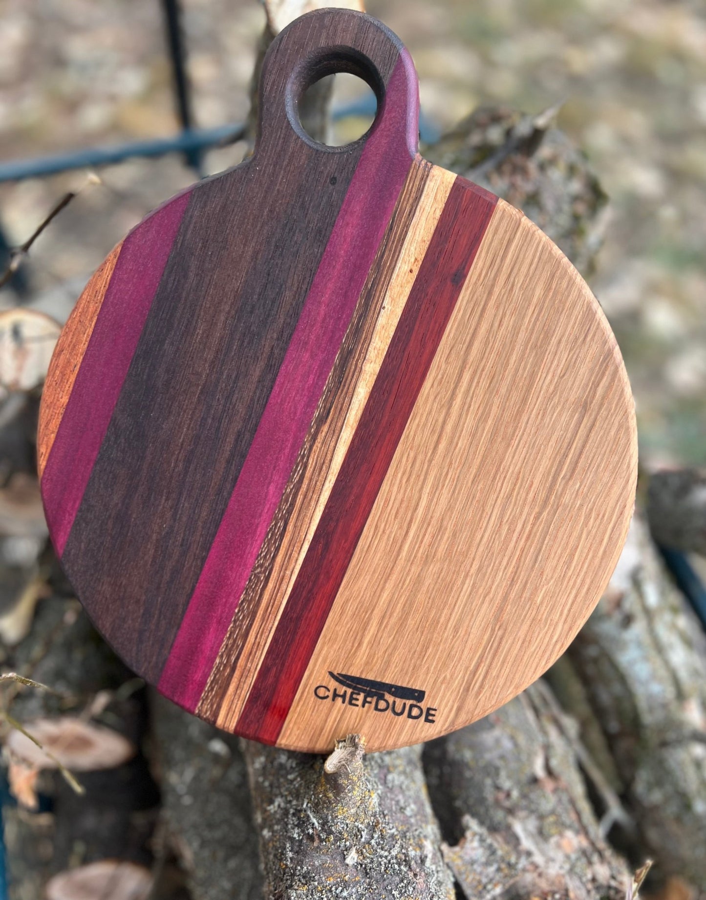 Mixed Hardwood Round Cutting Board - White Oak, Zebra, Purple Heart, Padauk & Walnut - Chefdude Boards