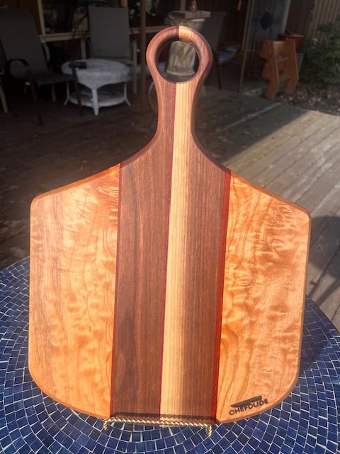 Quilted Maple, Walnut & Padauk Pizza Paddle - Chefdude Boards
