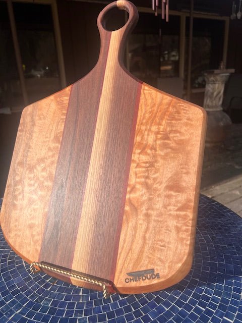 Quilted Maple, Walnut & Padauk Pizza Paddle - Chefdude Boards
