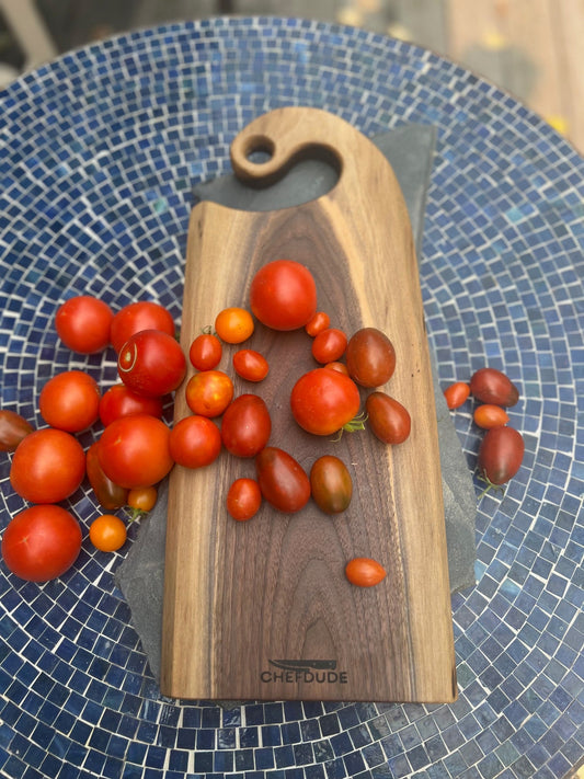 Rustic Walnut Cutting Board with Curved Handle – Handcrafted with Natural Sapwood (7” x 17” x .8”) - Chefdude Boards