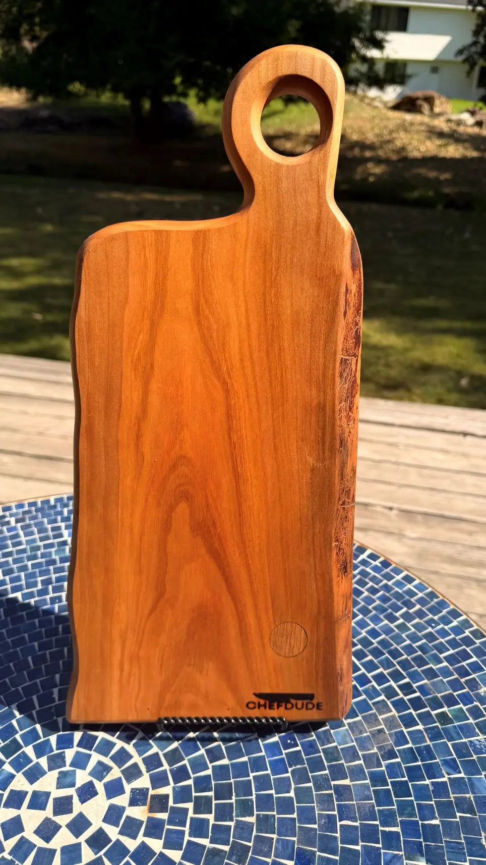Rustic Live-Edge Cherry Serving Board with Offset Ring Handle