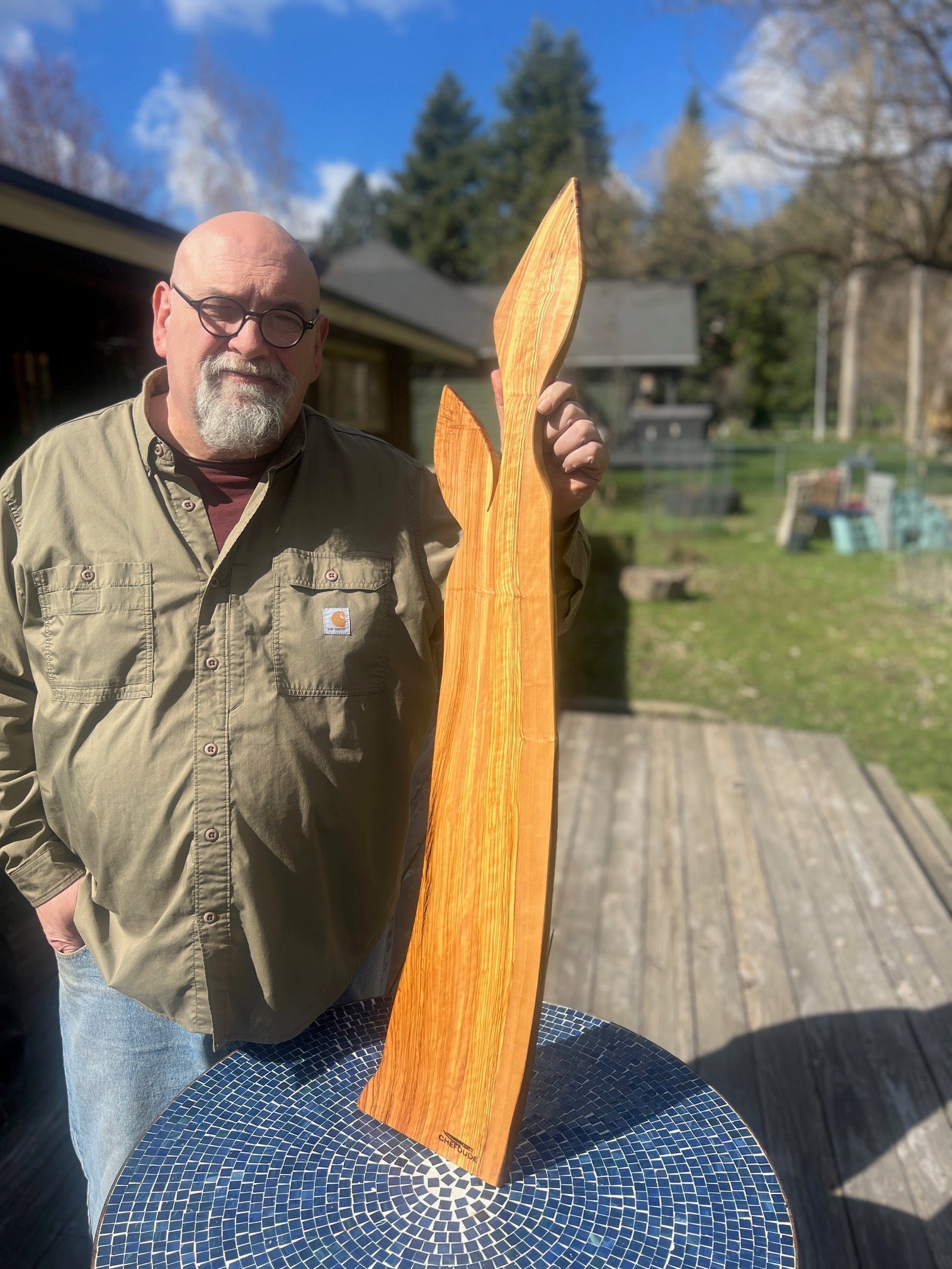 Signature Series: Long Olive Wood Charcuterie Board with 2 - Leaf Handle - Chefdude Boards