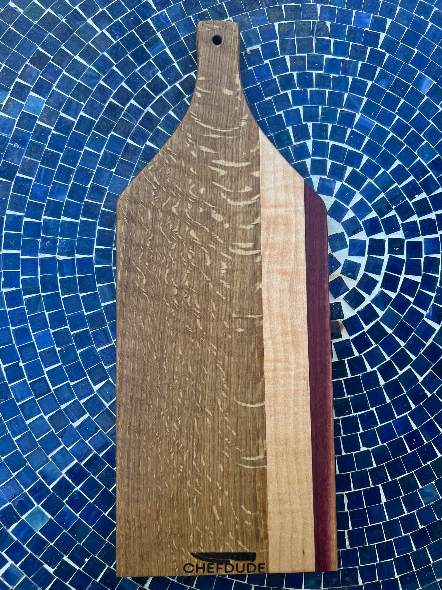 Small Artisan Cutting Board – White Oak, Figured Maple & Purpleheart - Chefdude Boards