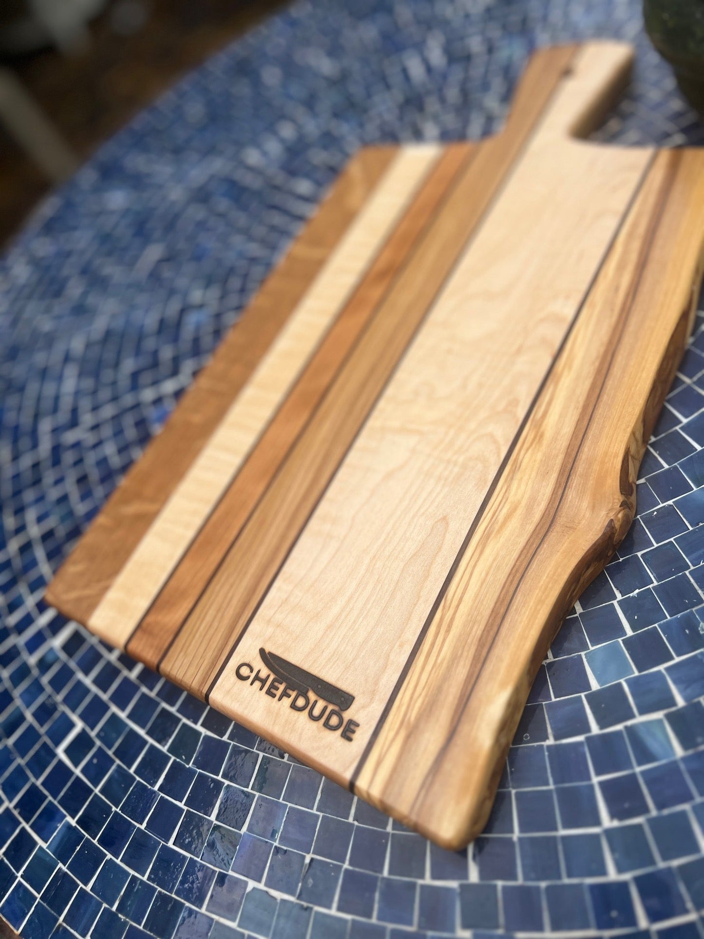 Striped Walnut, Cherry, White Oak, Maple & Olive with Live Edge - Chefdude Boards