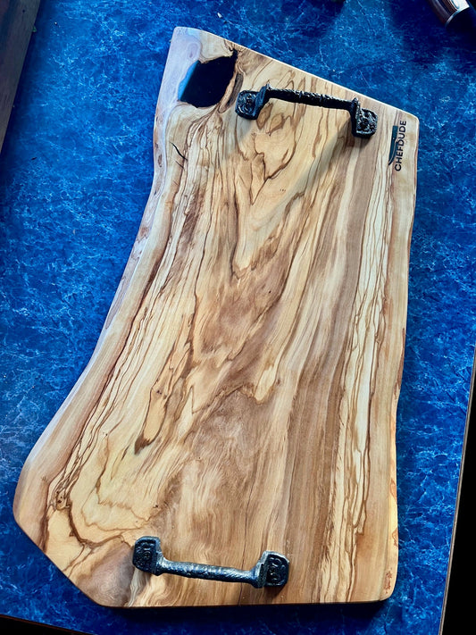 Stunning Live - Edge Olive Wood Charcuterie Board - Cast Iron Handles - Chefdude Boards