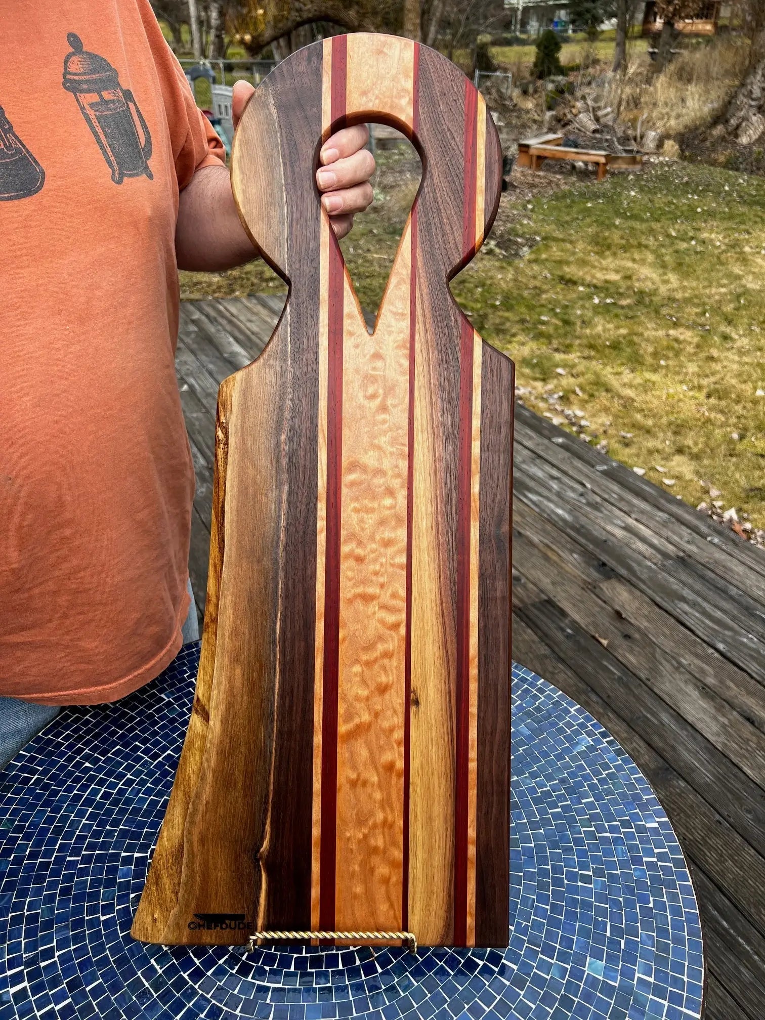 The Gathering Board - large, live-edge, quilted maple & walnut with Padauk accents - Chefdude Boards