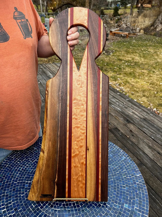The Gathering Board - large, live-edge, quilted maple & walnut with Padauk accents - Chefdude Boards