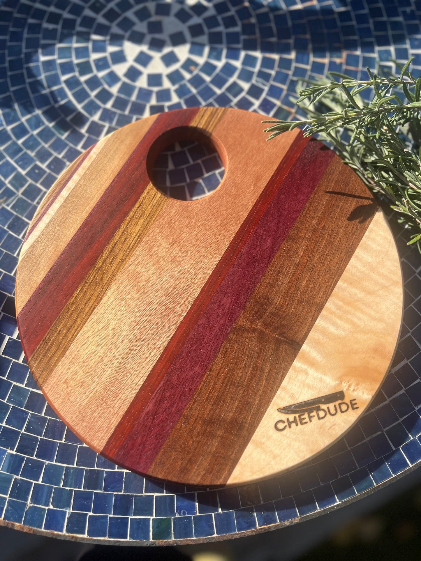 Travel - Size Striped Circular Cutting Board - Made from Six Different Woods - Chefdude Boards