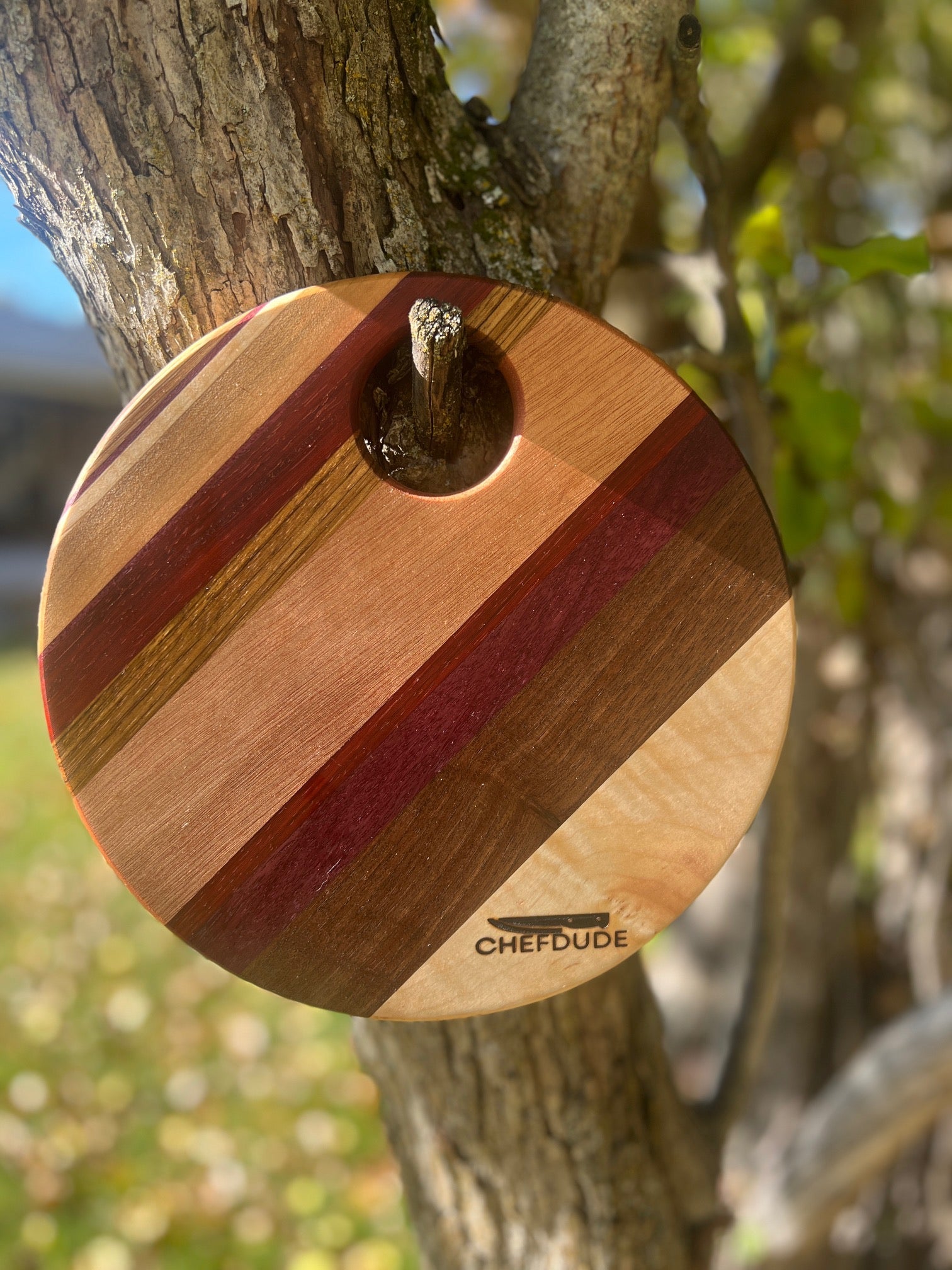 Travel - Size Striped Circular Cutting Board - Made from Six Different Woods - Chefdude Boards