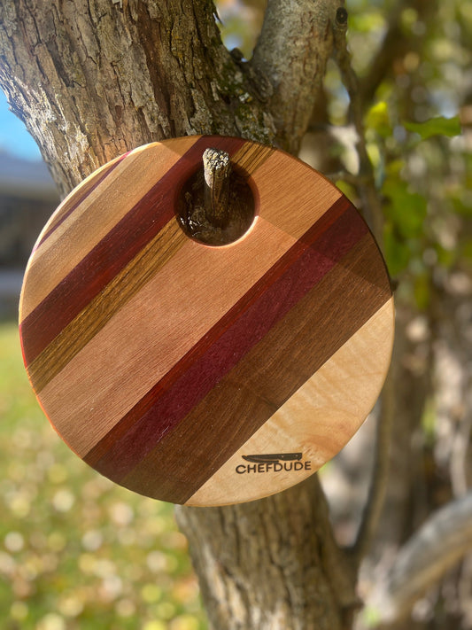 Travel - Size Striped Circular Cutting Board - Made from Six Different Woods - Chefdude Boards
